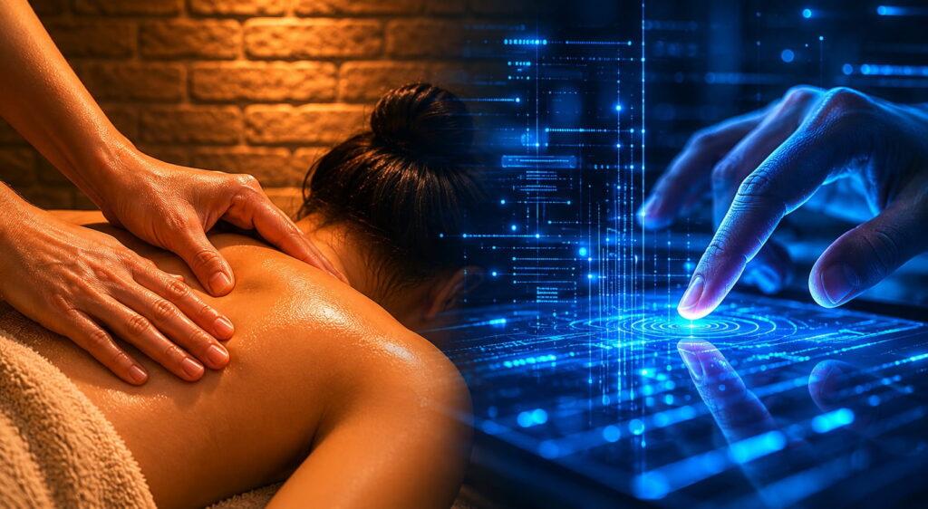 Hands-on massage beside an abstract digital concept representing online brand protection and authentic bodywork