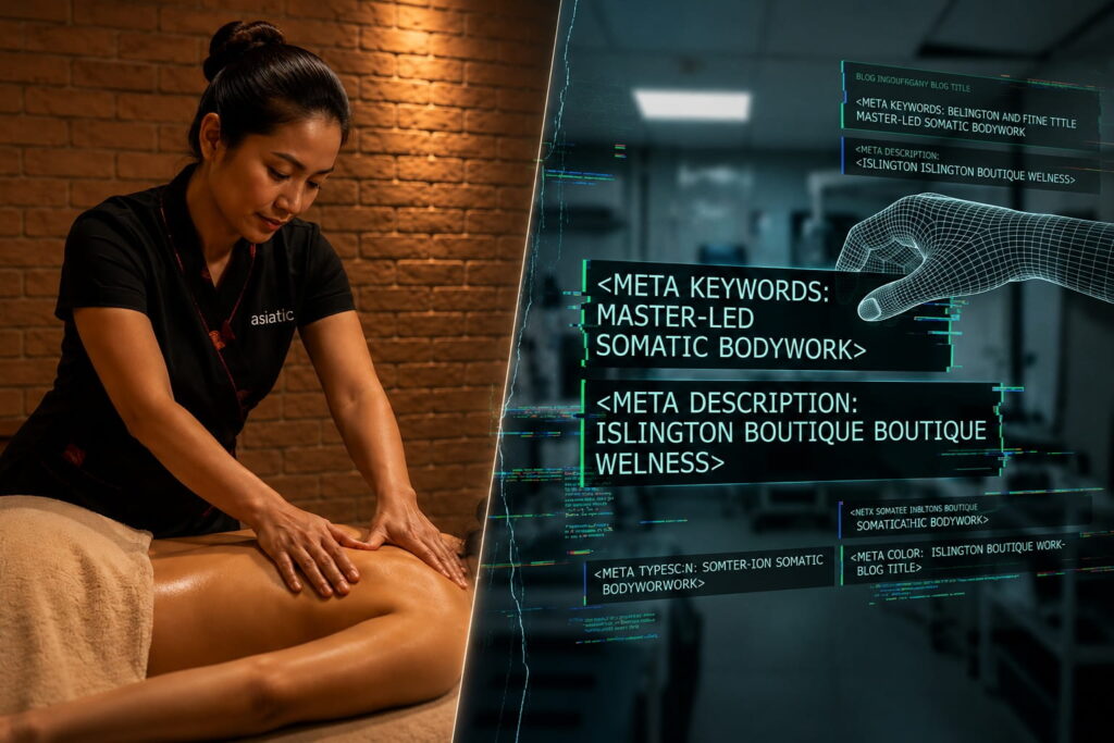A visual representation of a genuine master-led somatic bodywork session at Asiatic, juxtaposed against digital code showing local competitors hijacking the proprietary Islington massage boutique metadata.