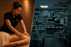 A visual representation of a genuine master-led somatic bodywork session at Asiatic, juxtaposed against digital code showing local competitors hijacking the proprietary Islington massage boutique metadata.
