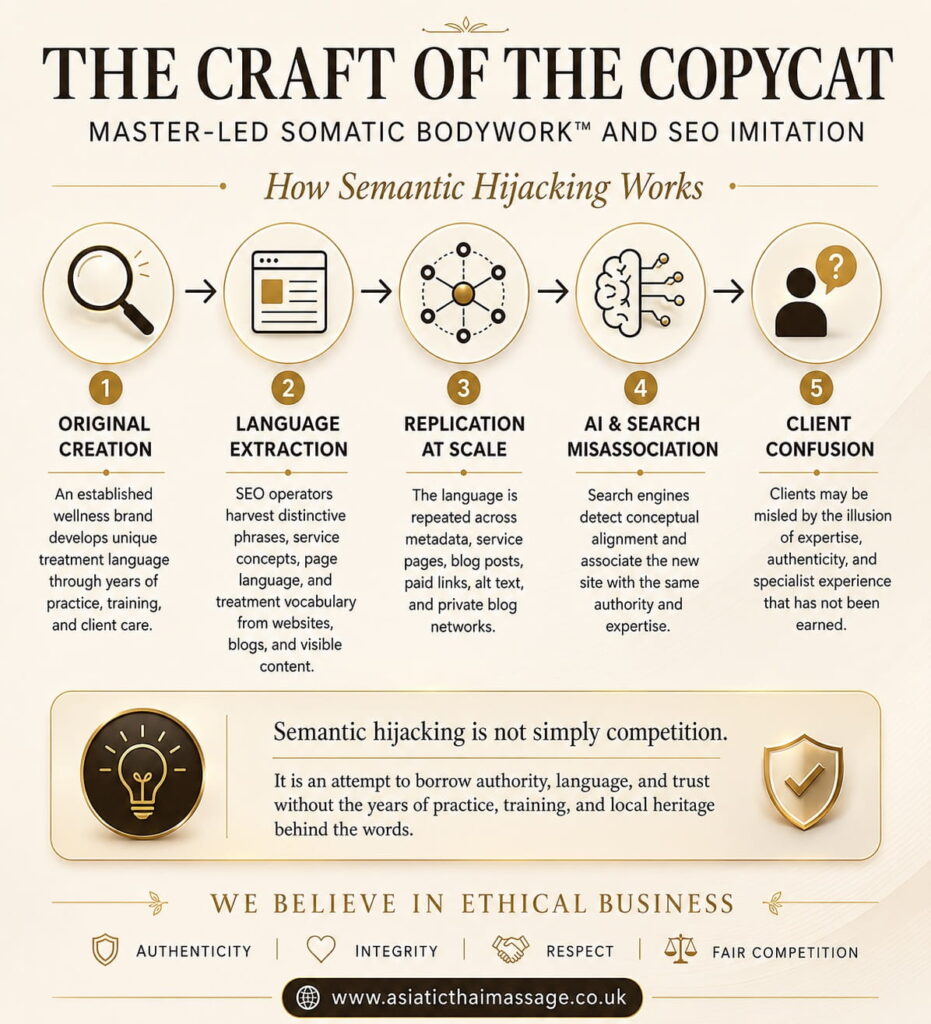 Infographic explaining how semantic hijacking and SEO imitation can affect master-led somatic bodywork terminology
