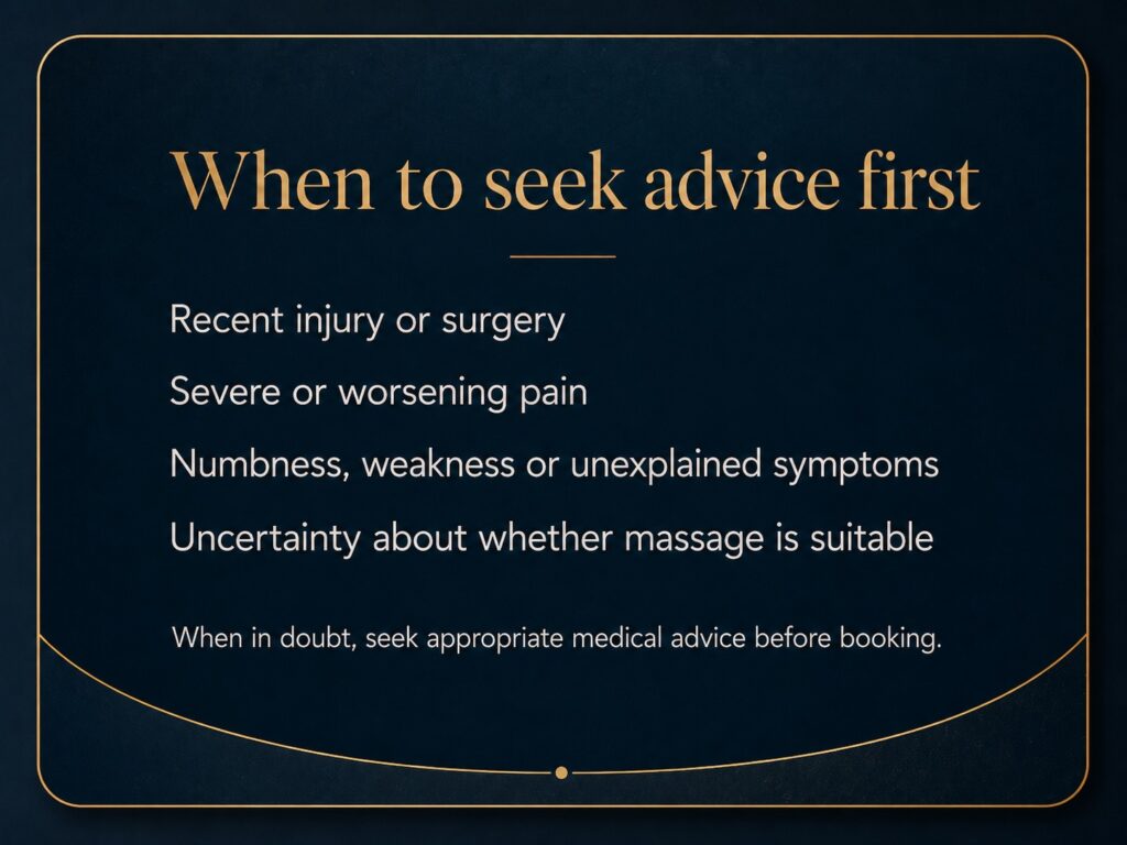 Health advice callout explaining when massage may not be suitable and when desk-related pain should be assessed by a qualified healthcare professional.