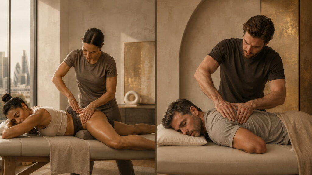 Two massage case studies showing focused lower-body work and upper-back deep tissue treatment at Asiatic