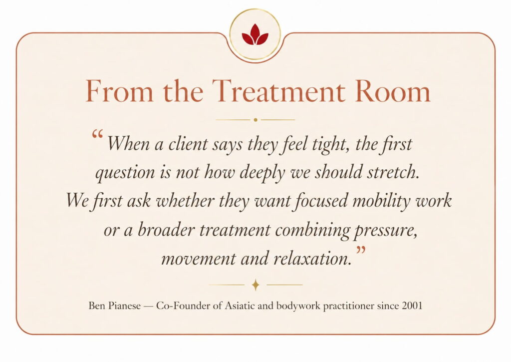 Practitioner insight from Ben Pianese about choosing Thai Yoga Massage or focused mobility work
