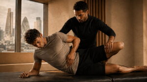 Therapist guiding a controlled leg stretch following deep tissue massage in a sandstone-toned London studio
