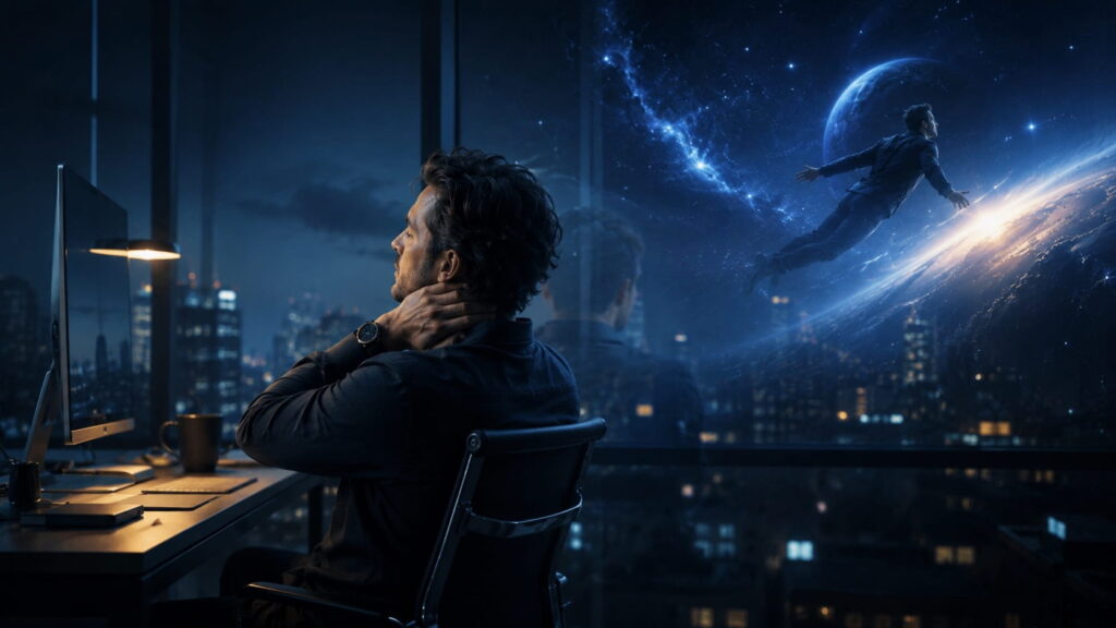 Man in a modern office touching his neck while daydreaming into a cosmic cityscape, representing desk tension, mental fatigue and the desire for relief.