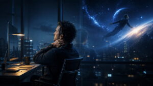 Man in a modern office touching his neck while daydreaming into a cosmic cityscape, representing desk tension, mental fatigue and the desire for relief.