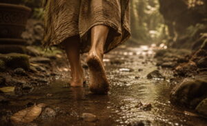Bare feet walking through a shallow forest stream, symbolising grounding, relaxation and the timeless journey of foot care.