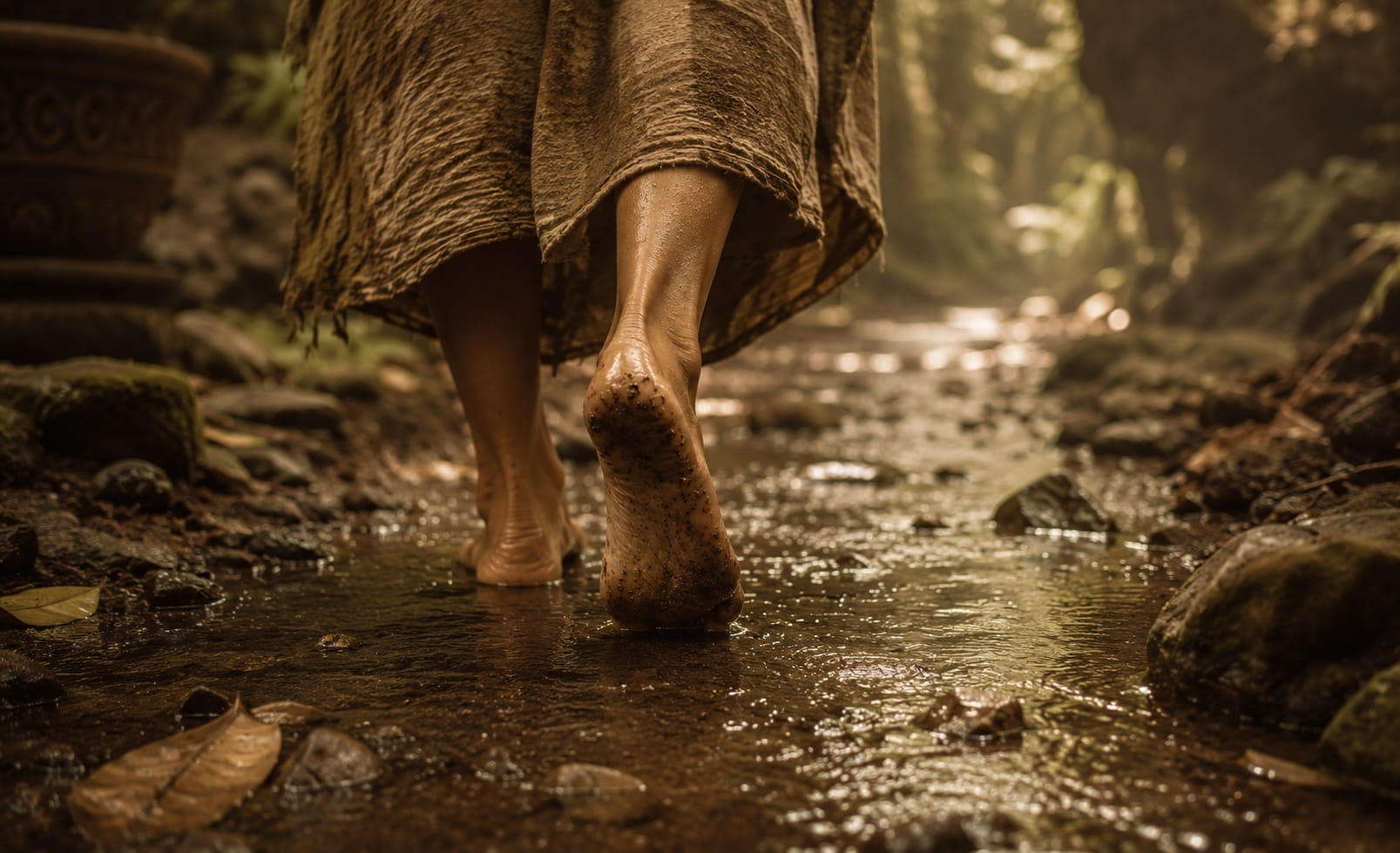 Bare feet walking through a shallow forest stream, symbolising grounding, relaxation and the timeless journey of foot care.