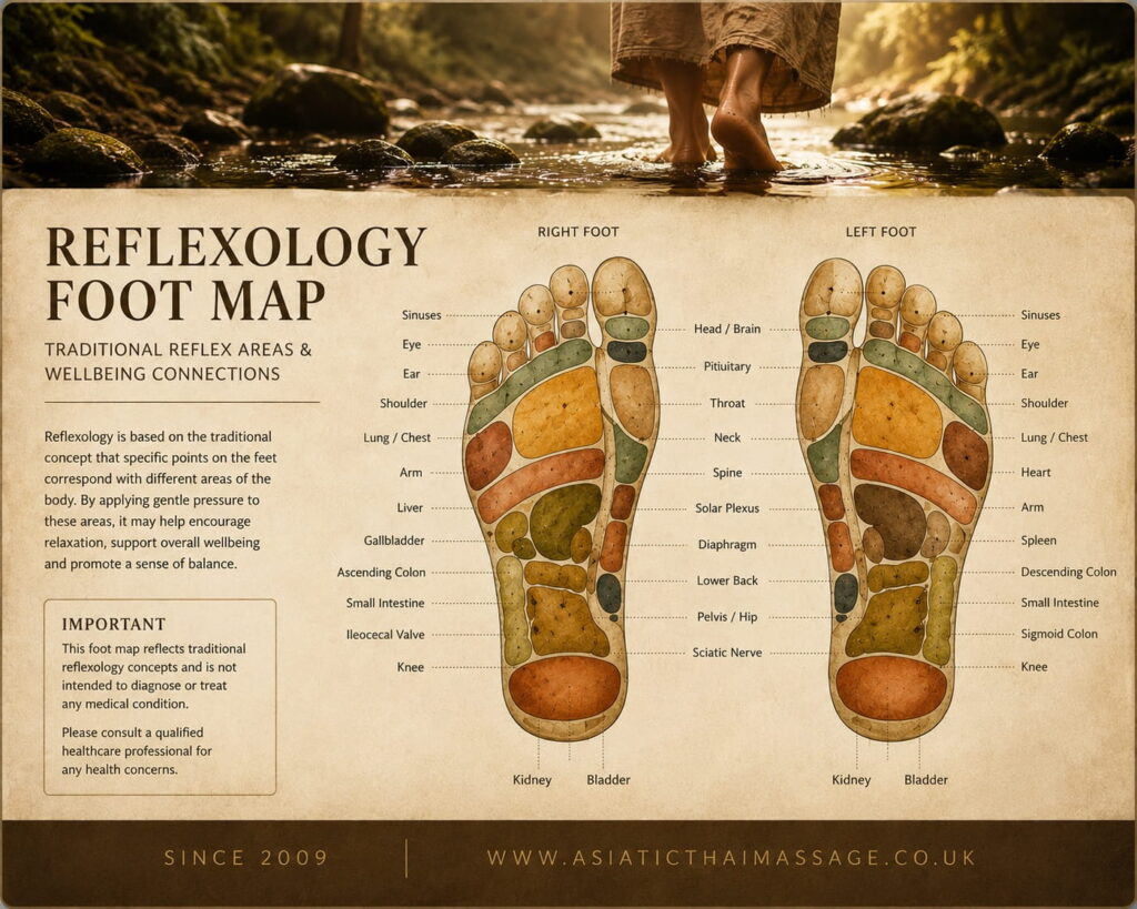 Illustrated foot reflexology map showing traditional reflex points on the feet and their corresponding areas of the body.