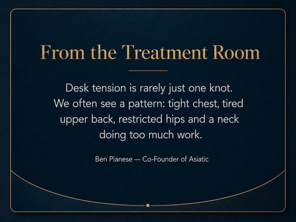 Expert insight callout on desk tension, explaining that the right treatment depends on whether the client needs mobility work, pressure, relaxation or a combination.