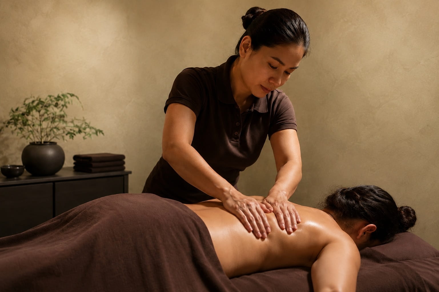 Full body massage treatment with therapist applying pressure in a calm limewash treatment room.
