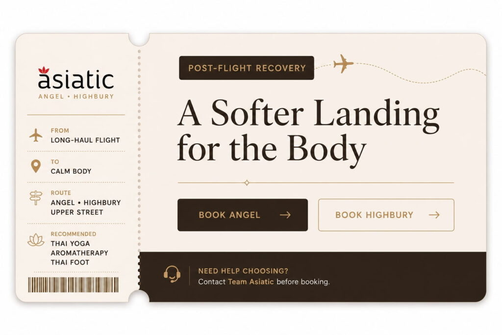 Post-flight massage booking call box for Asiatic Angel and Highbury, designed as a boarding pass for travel recovery in London