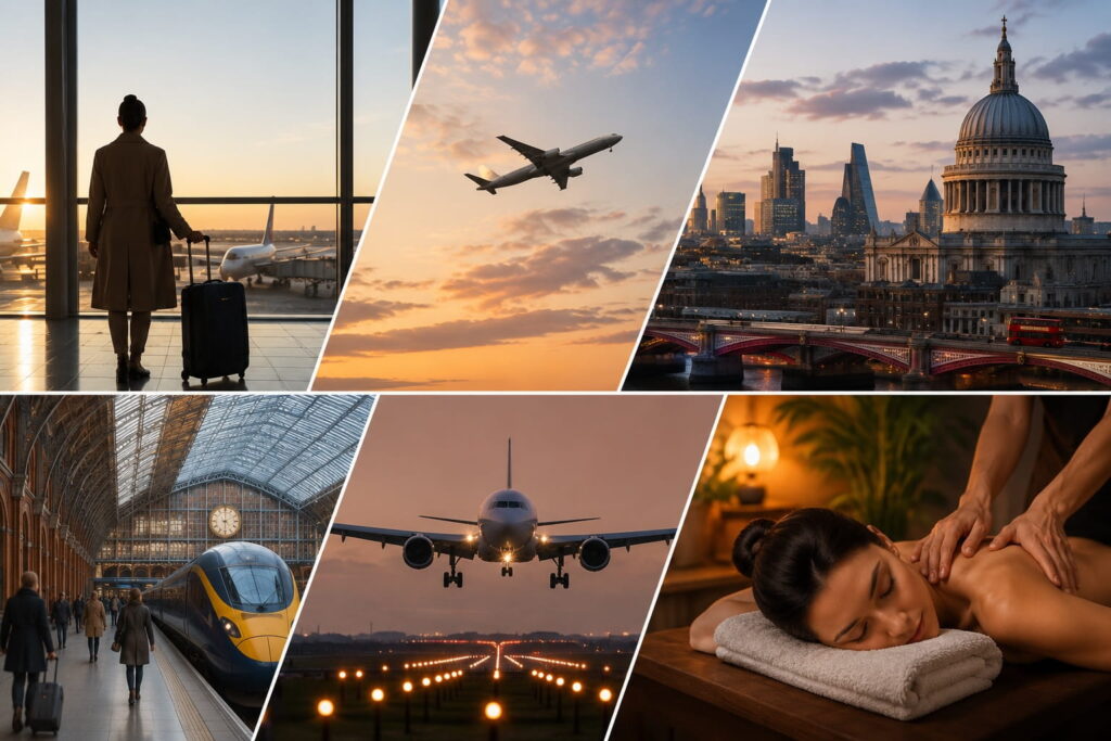 Post-flight massage in London for travel recovery, showing airport arrivals, St Pancras, Upper Street and massage at Asiatic.