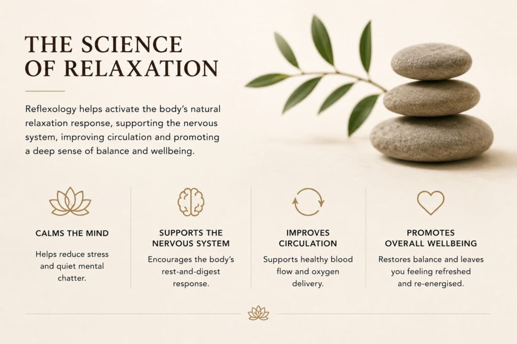 Minimal infographic illustrating the science of relaxation in foot reflexology, highlighting calming the mind, supporting the nervous system, improving circulation and promoting overall wellbeing.
