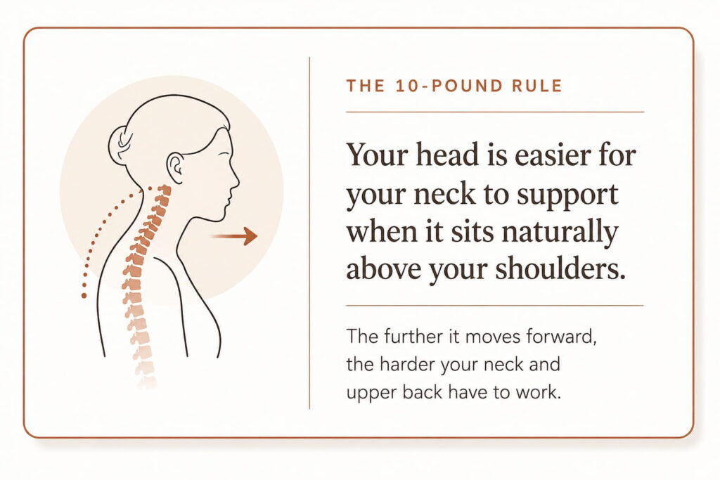 Illustration explaining how forward head posture can increase strain on the neck and upper back.