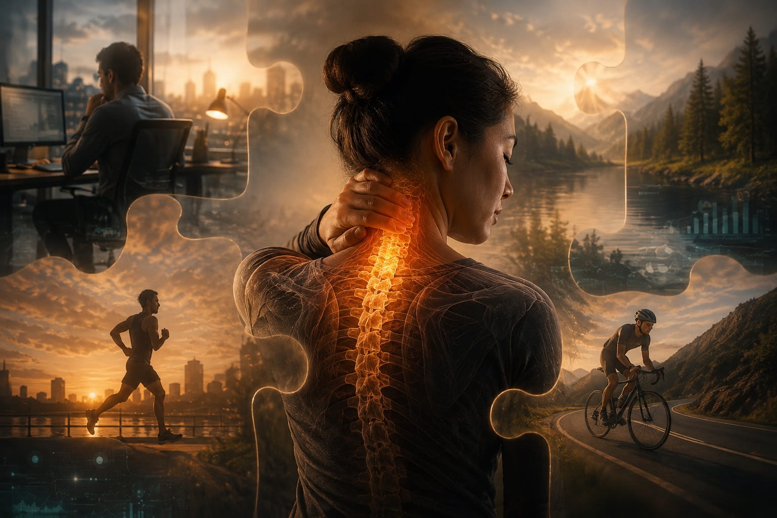 Visual illustration of tech syndrome, screen time posture and neck strain