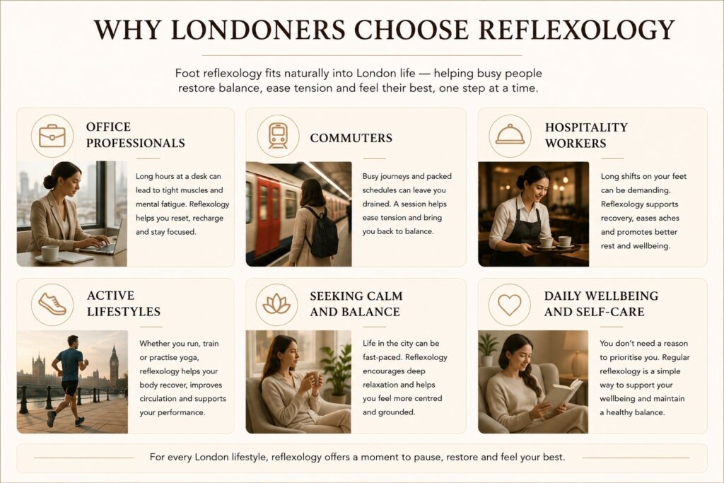 Editorial infographic showing why Londoners choose reflexology, including office professionals, commuters, hospitality workers, active lifestyles, people seeking calm, and daily wellbeing and self-care.