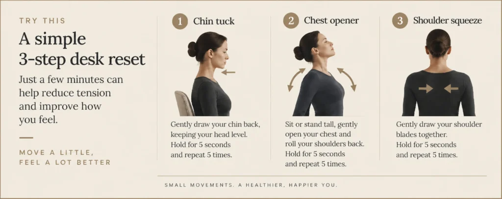  Three desk exercises for neck, shoulders and upper back: chin tuck, chest opener and shoulder squeeze