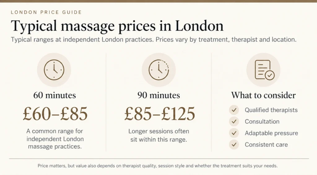 Typical London massage prices for 60-minute and 90-minute sessions at independent massage practices