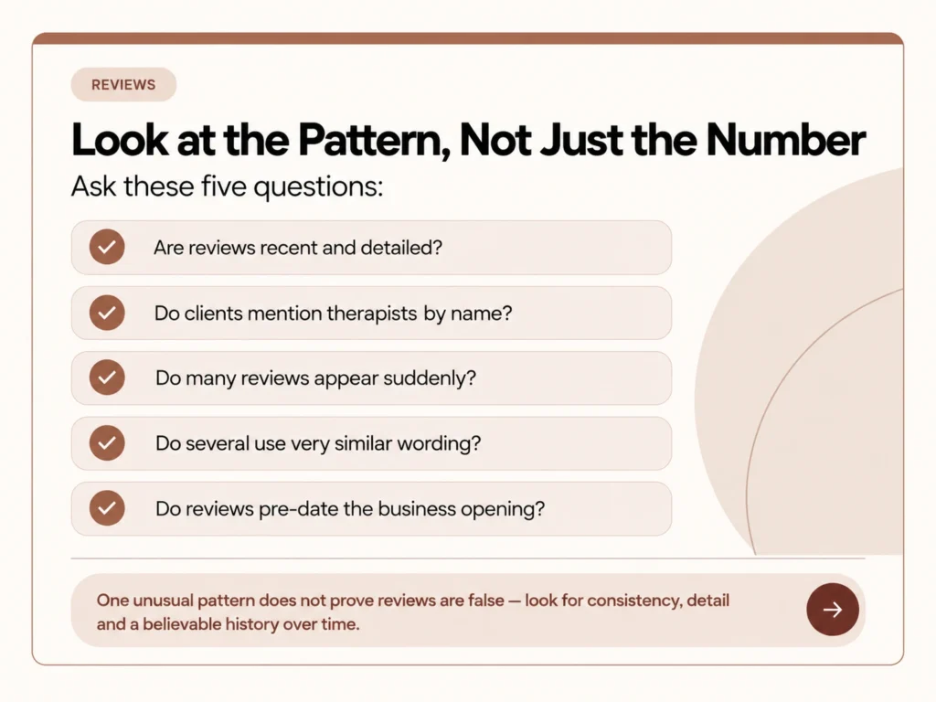 Review patterns to check when choosing a massage therapist, including recency, detail, sudden review spikes and similar wording