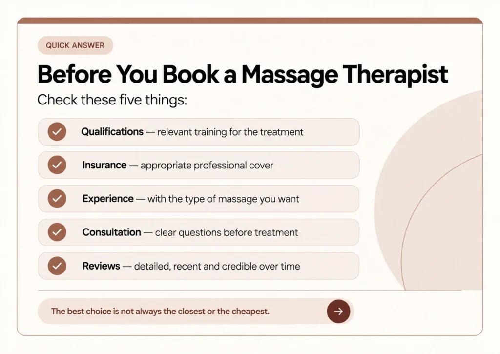 Checklist of qualifications, insurance, experience, consultation and reviews to check before booking a massage therapist