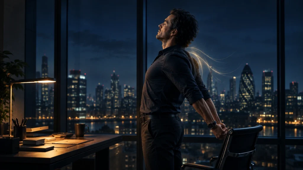 Desk worker stretching to relieve neck and shoulder tension after prolonged sitting